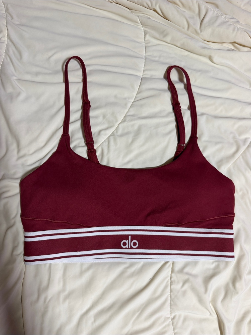 ALO Yoga Burgundy Strappy Sports Bralette with White Stripe Small